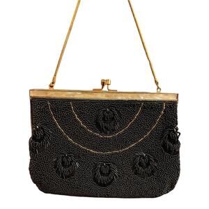 Vintage Mid Century Beaded Black with gold accents bag